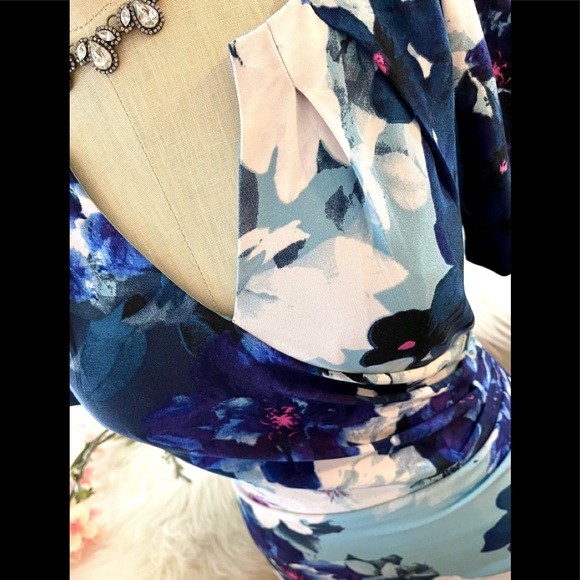 EUC 2 Adrienna Papell Blue Chic Floral Midi Classy Dress - Picture 7 of 10